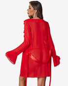 Red sheer robe nighty set, open back with ruffle cuffs and tie waist