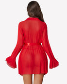 Red sheer robe nighty set with tie waist and flared sleeves, back view