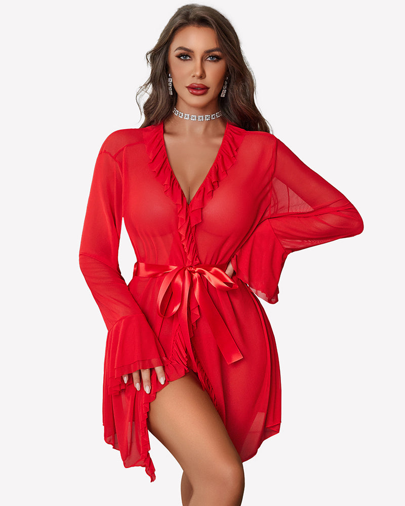 Red sheer robe nighty set with ruffle neckline and draped sleeves, tie belt