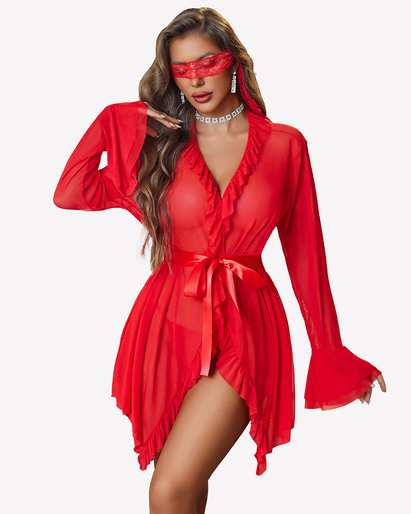 Red sheer robe nighty set with ruffle V-neck, long sleeves, tie waist