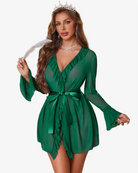 Green sheer robe nighty set with tie waist, long sleeves, feather-trim stole