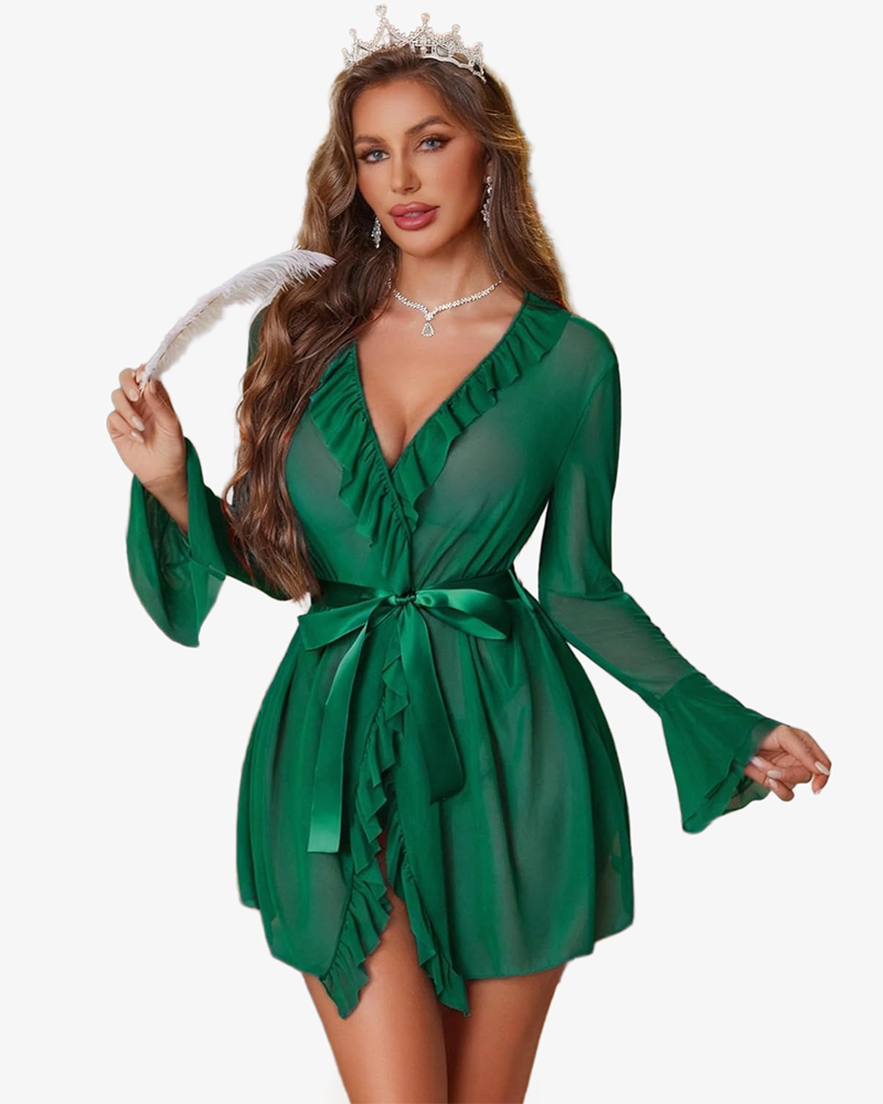 Green sheer robe nighty set with tie waist, long sleeves, feather-trim stole