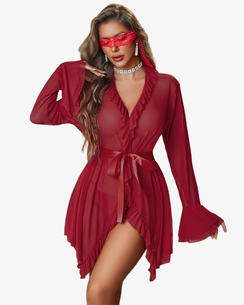 Burgundy sheer robe nighty set with ruffle V-neck, long sleeves, tie waist