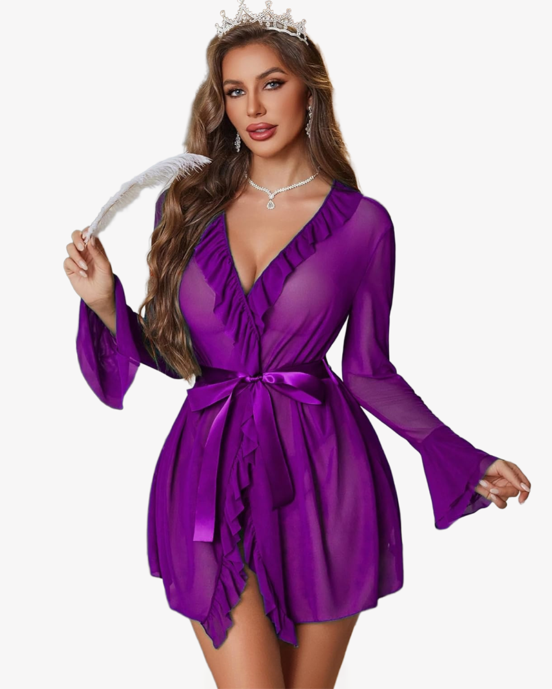 Purple sheer robe nighty set with ruffle V-neck, tie waist, long sleeves
