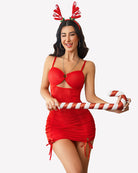 Red sheer mesh halter ruched mini dress with chain straps and underbust cutout