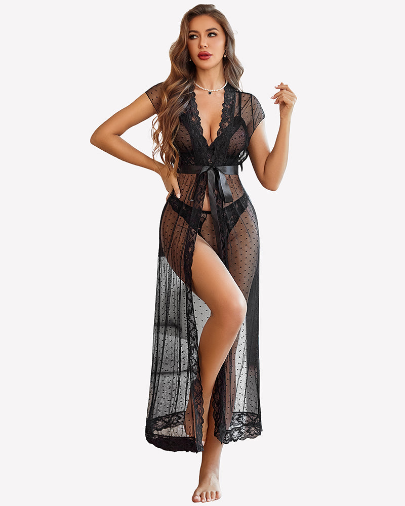 Black sheer polka dot lace robe set with bra and panty, lace V-neck top