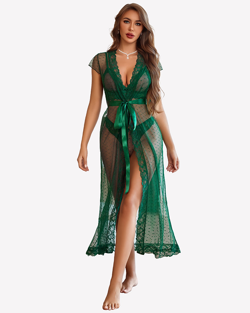 Green sheer polka dot lace robe set with bra and panty, long tied robe