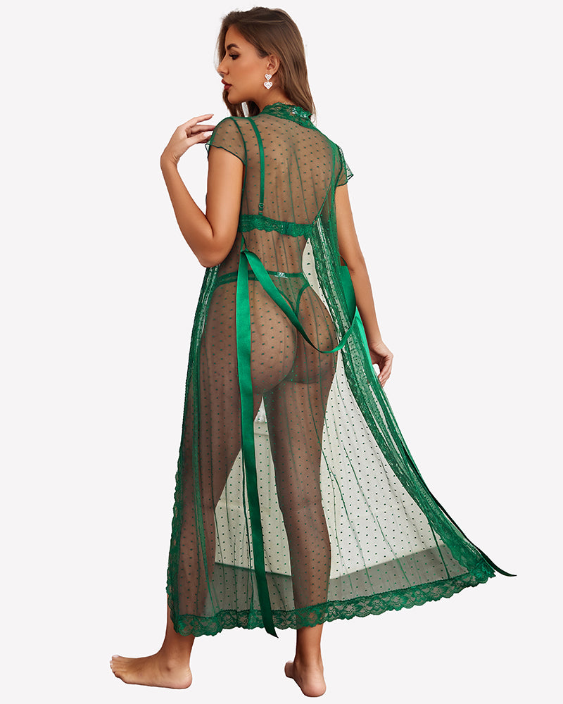 Sheer polka dot lace robe set in green with matching bra and panty