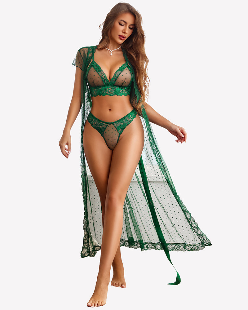 Green sheer polka dot lace robe set with bra and panty, long tied robe