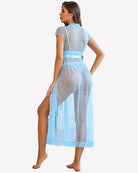 Sheer polka dot lace robe set in light blue, lace-trim bra and panty (back view)