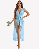 Sheer polka dot lace robe set in light blue with plunging lace bra and panty