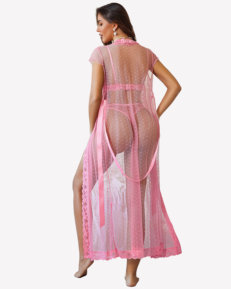 Sheer polka dot lace robe set in pink with lace-trim bra and panty (back view)