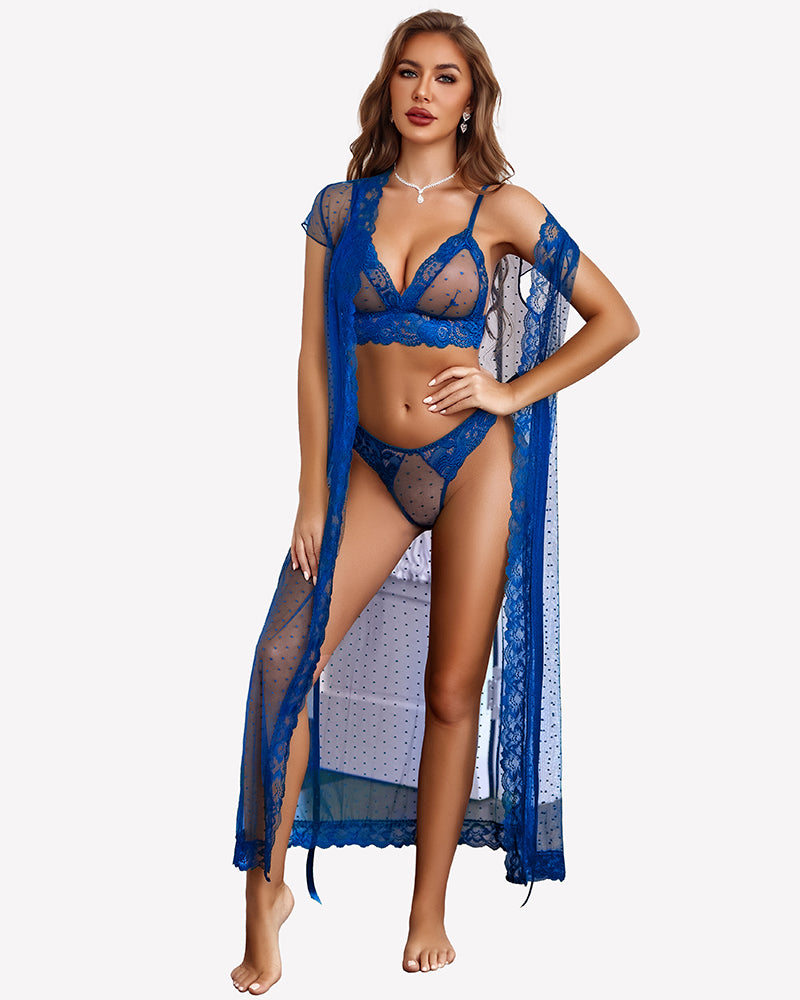 Blue sheer polka dot lace robe set with bra and panty, lace-trimmed robe
