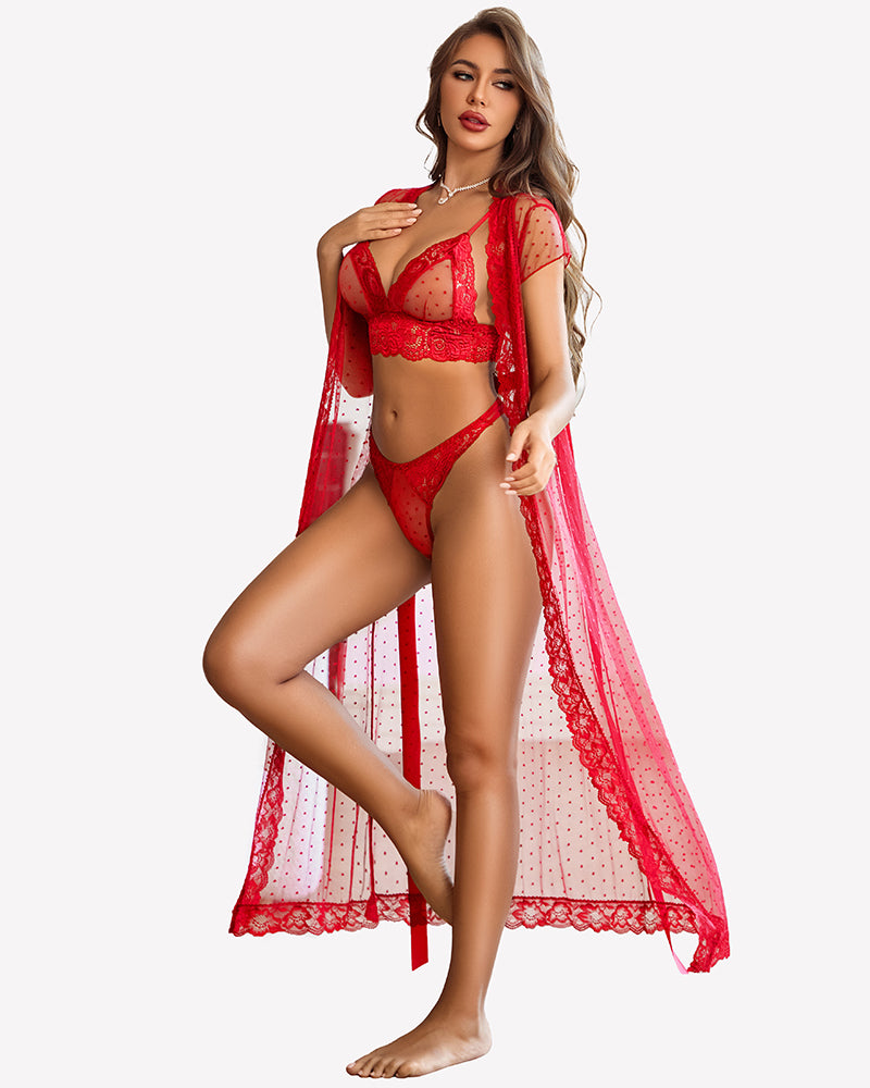 Sheer polka dot lace robe set in red with lace-trim bra and panty (side pose)