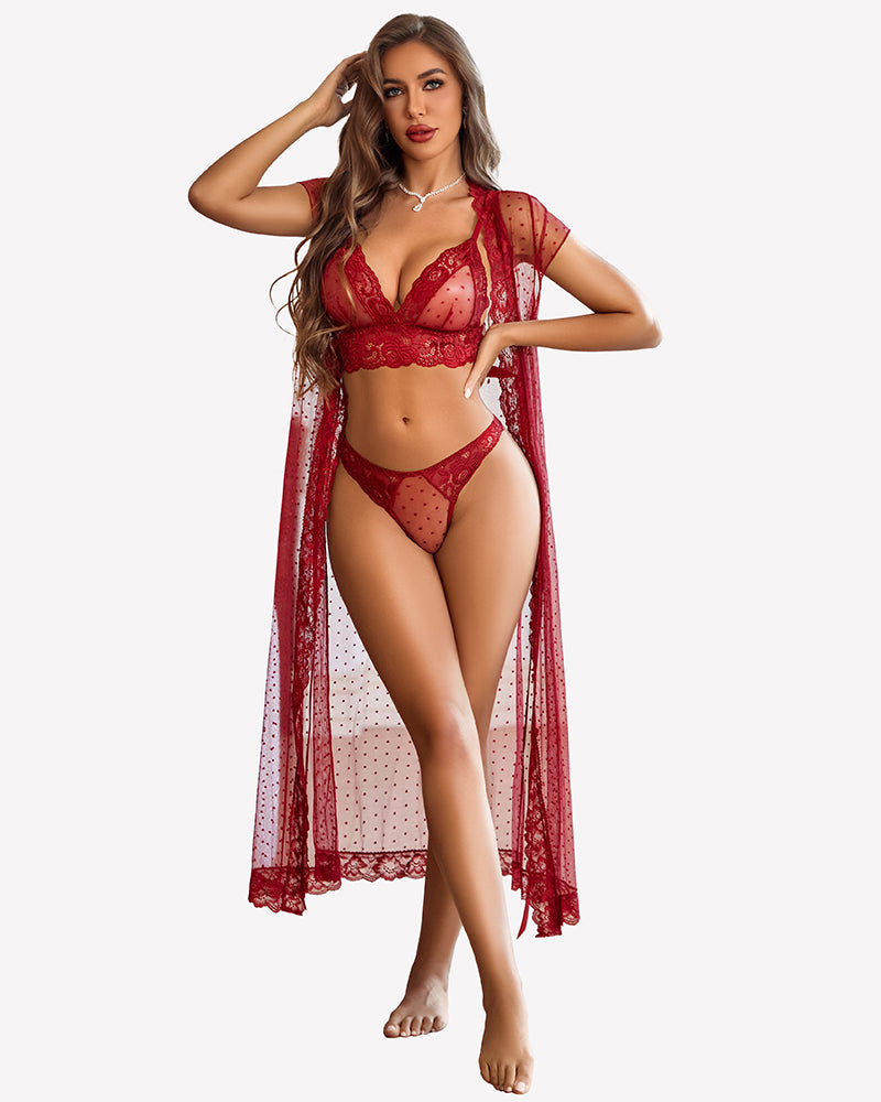 Red sheer polka dot lace lingerie set with lace bra, matching panty, and open robe