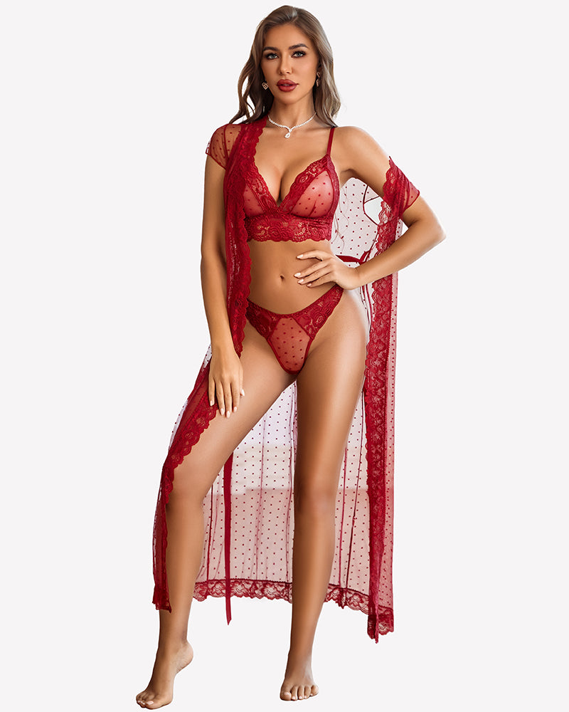 Red sheer polka dot lace bra and panty with long robe draped over shoulders