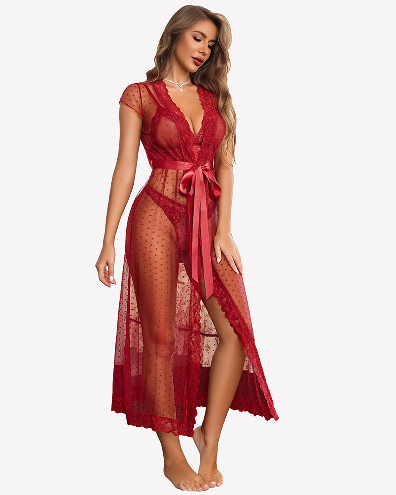 Red sheer polka dot lace robe with tied waist and lace bra and matching panty