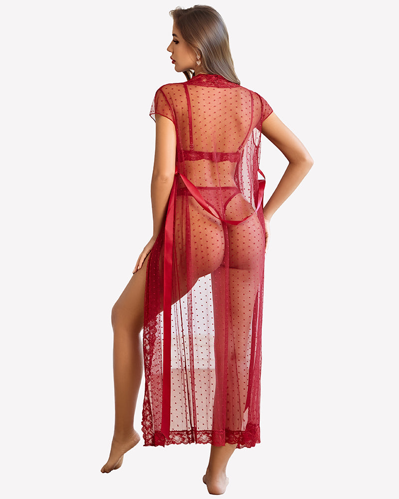 Red sheer polka dot lace lingerie set in back view with long robe and lace panty