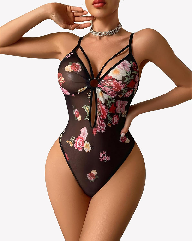Floral mesh snap-crotch bodysuit with thin straps and oval front keyhole cutout