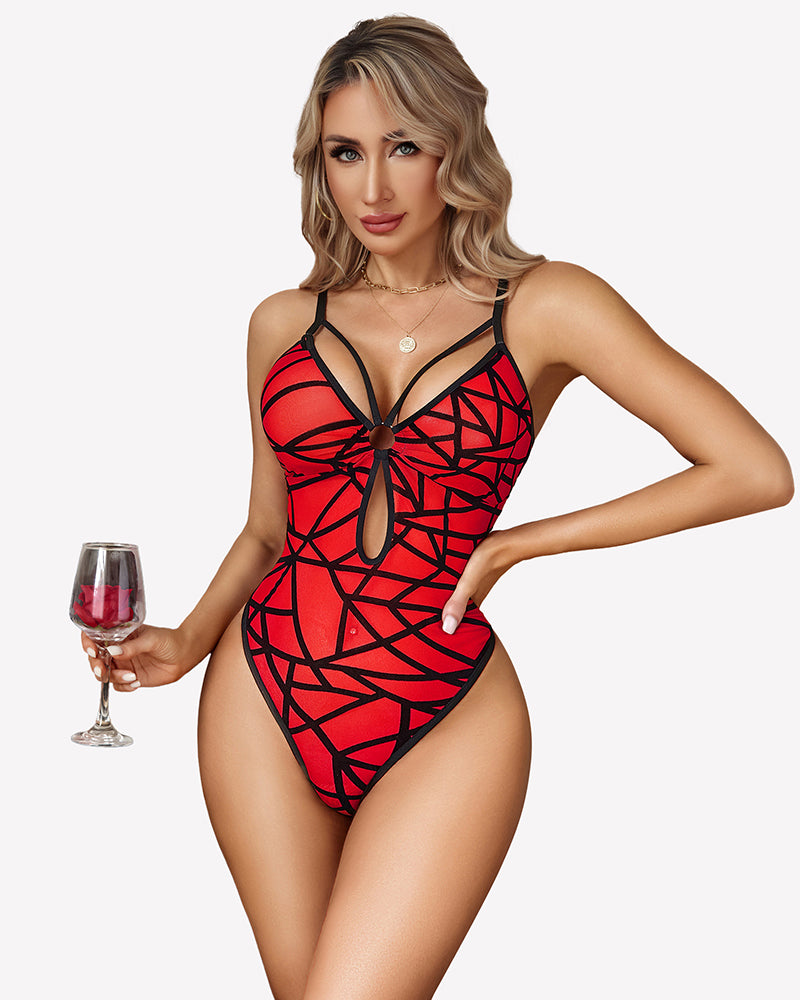 Red and black sheer mesh strappy bodysuit with V-neck and oval center cutout