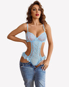 Light blue lace teddy bodysuit with deep V cups and sheer lace vertical paneling