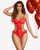 Deep V lace teddy lingerie bodysuit, red, front view with lace corset panel and ruffle