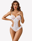 Deep V lace teddy lingerie bodysuit, white, with lace cups and corset-style mesh