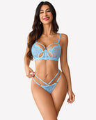 Light blue lace bra and panty set, butterfly cutout, strappy harness design