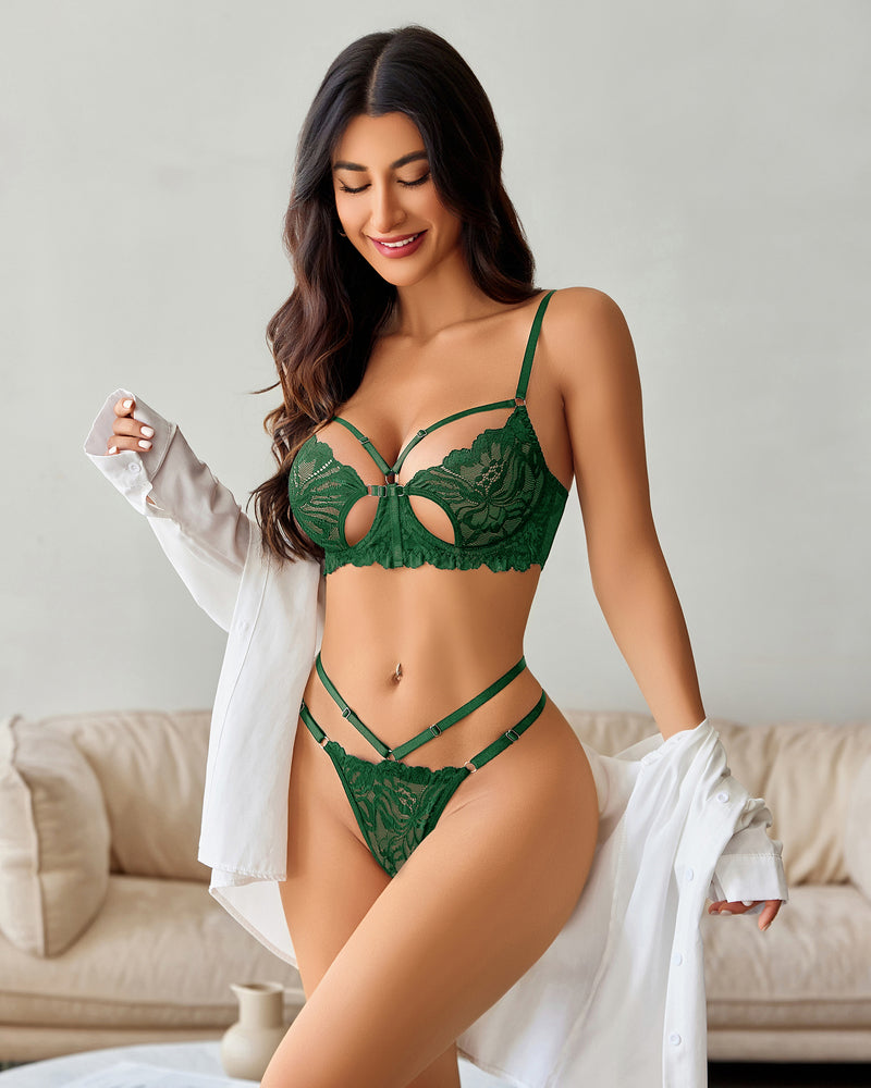 Green lace bra and panty set with butterfly cutout and strappy garter straps