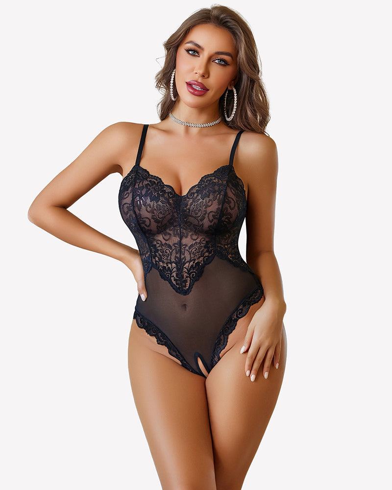 Women's v-neck lace crotchless bodysuit, black sheer mesh with scalloped trim
