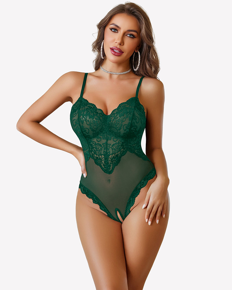 Green lace crotchless bodysuit with V-neck, sheer mesh and floral lace detail