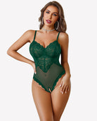 Green lace crotchless bodysuit with V-neck, sheer mesh and floral lace detail