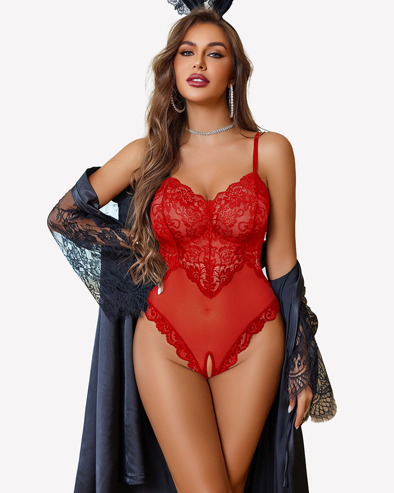 Red lace crotchless bodysuit with V-neck, sheer fit, and floral lace trim