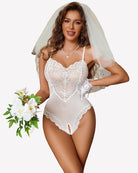 White lace crotchless bodysuit with V-neck, scalloped trim, and sheer mesh