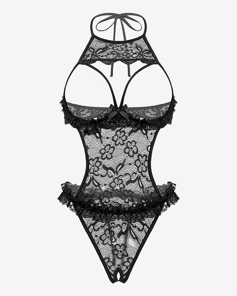 Black lace halter teddy bodysuit with floral embroidery and scalloped trim