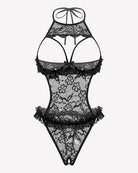 Black lace halter teddy bodysuit with floral embroidery and scalloped trim