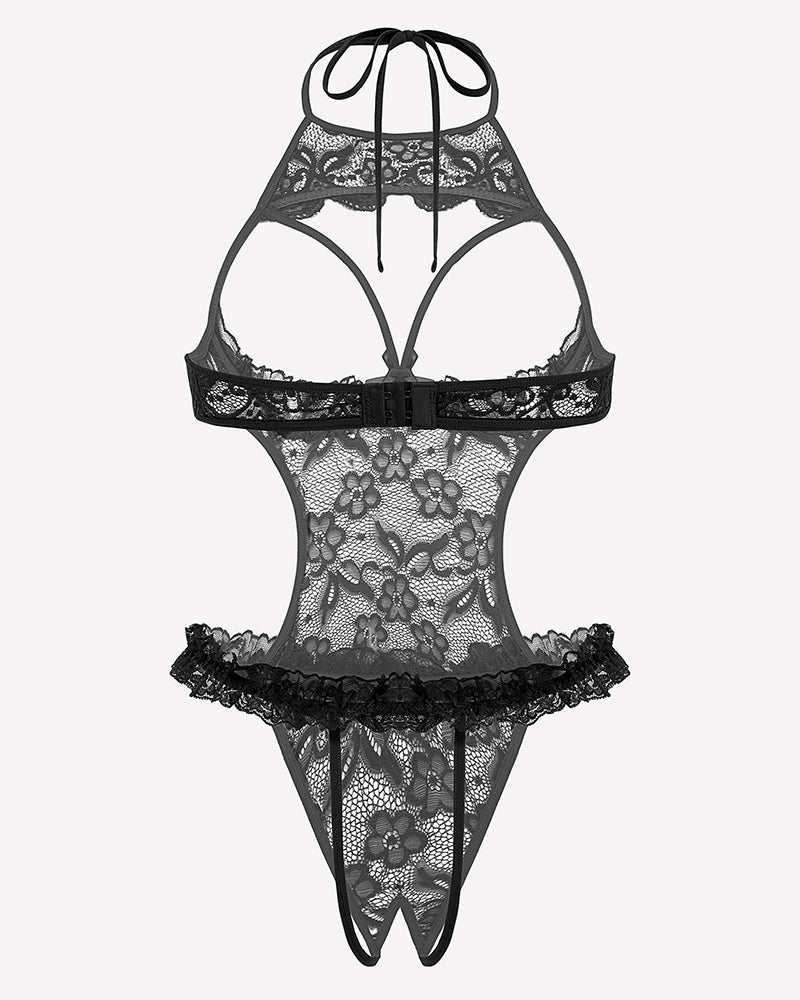 Black lace halter teddy bodysuit with sheer floral mesh and scalloped hem