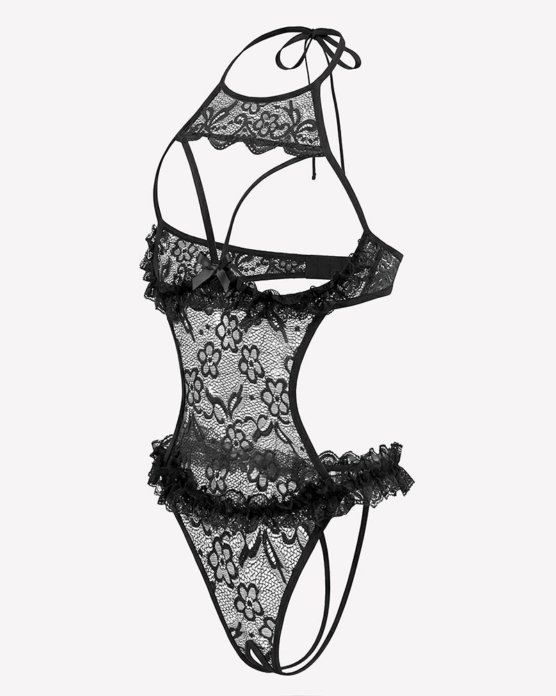 Black lace halter teddy bodysuit with open back straps and floral sheer panel