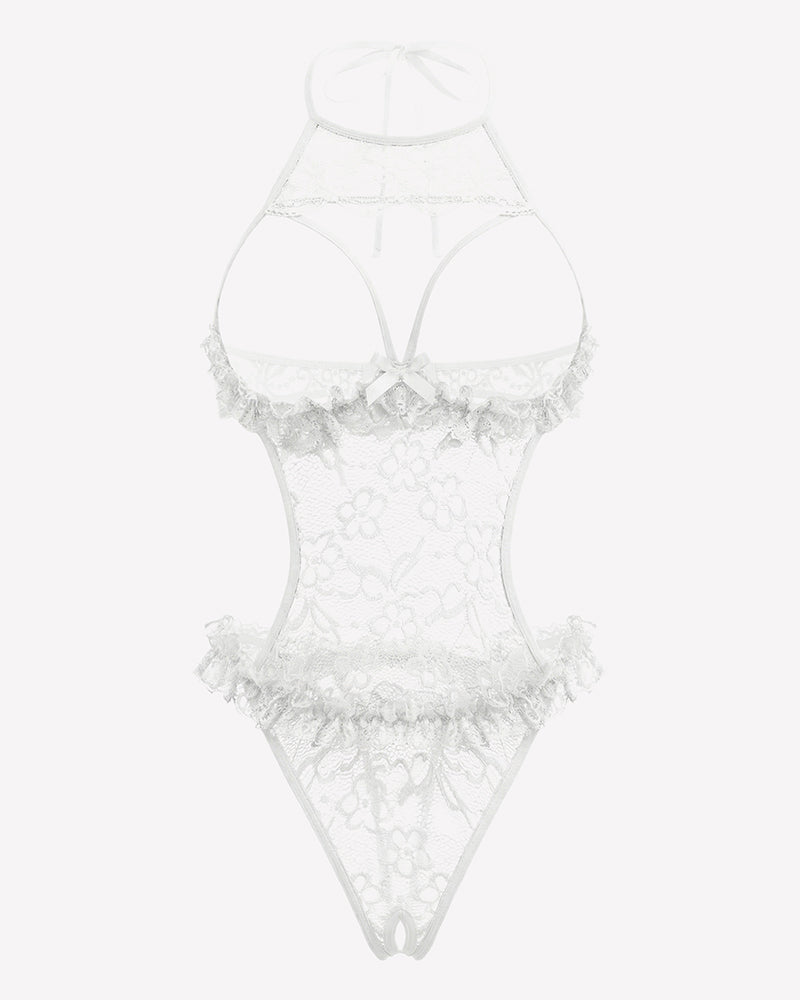 White lace halter teddy bodysuit with floral pattern and scalloped ruffle trim