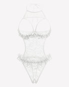 White lace halter teddy bodysuit with floral pattern and scalloped ruffle trim