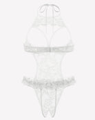 White lace halter teddy bodysuit with sheer floral mesh and low-rise thong back