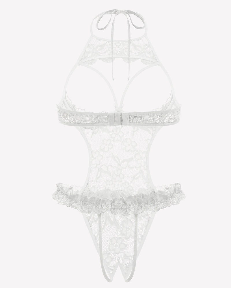 White lace halter teddy bodysuit with sheer floral mesh and low-rise thong back