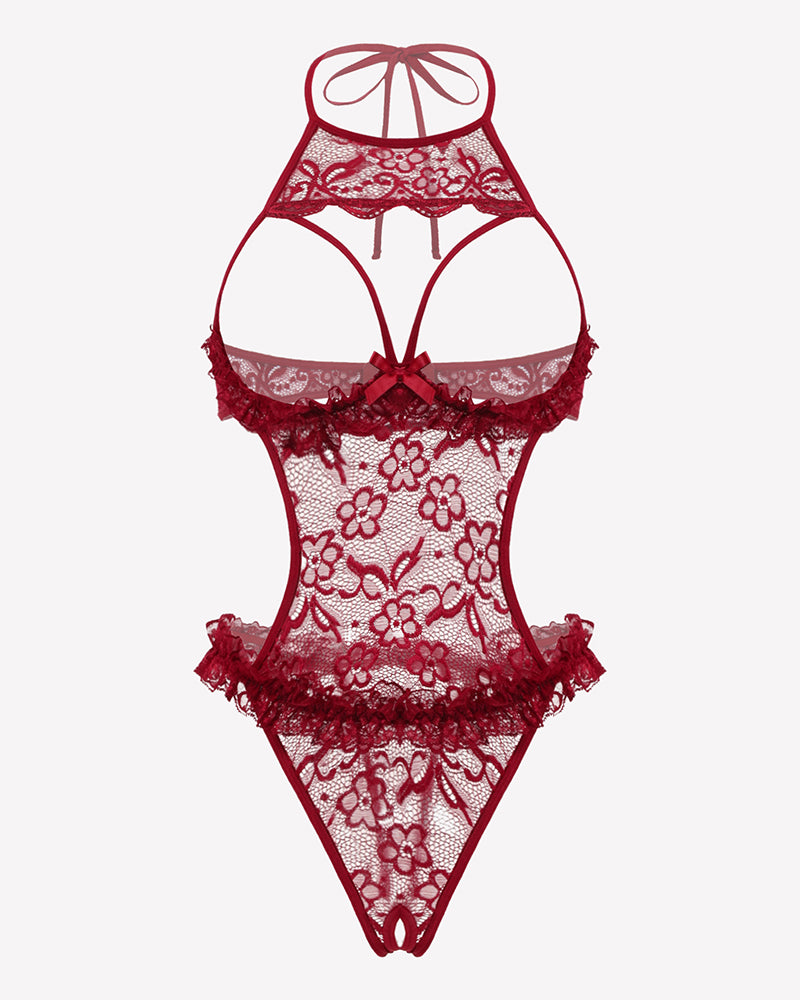 Wine red lace halter teddy bodysuit with floral embroidery and scalloped lace trim