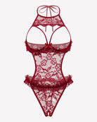 Wine red lace halter teddy bodysuit with floral embroidery and scalloped lace trim