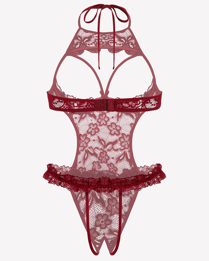 Wine red lace halter teddy bodysuit with sheer floral mesh and scalloped hem
