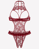 Wine red lace halter teddy bodysuit with sheer floral mesh and scalloped hem