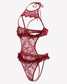 Wine red lace halter teddy bodysuit with open back straps and floral sheer panel