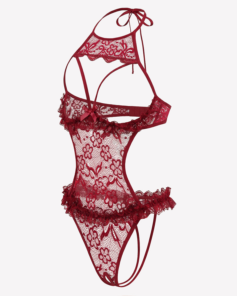 Wine red lace halter teddy bodysuit with open back straps and floral sheer panel