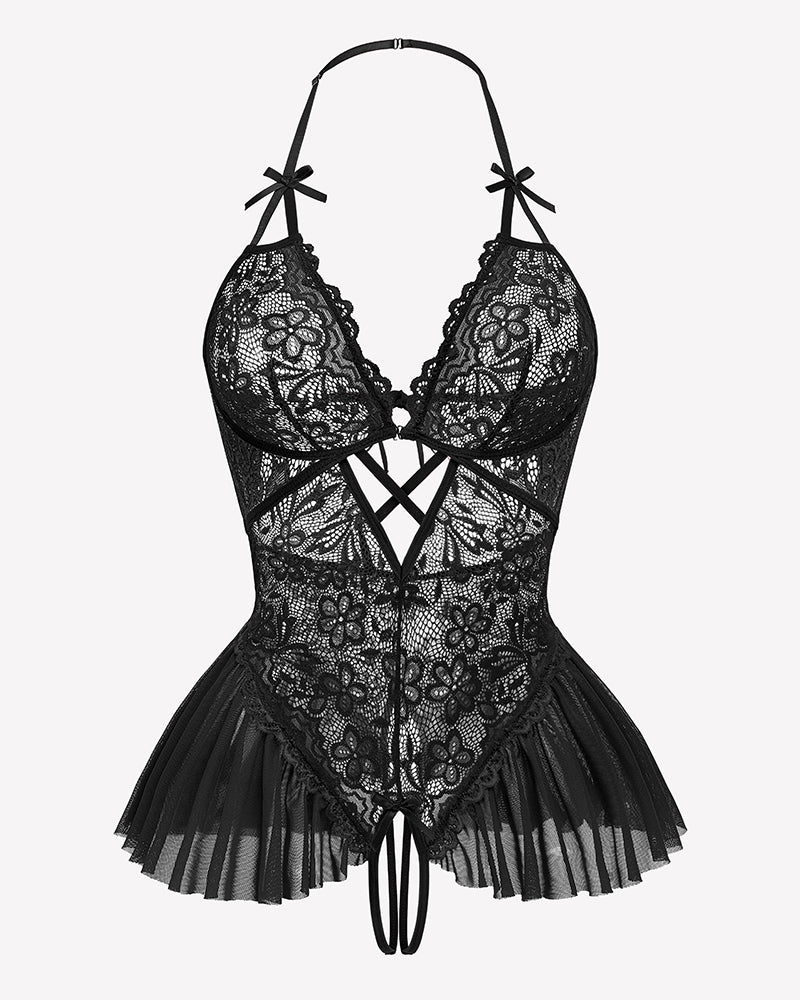 Black lace bodysuit with halter straps and flared tulle peplum skirt