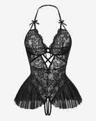 Black lace bodysuit with halter straps and flared tulle peplum skirt